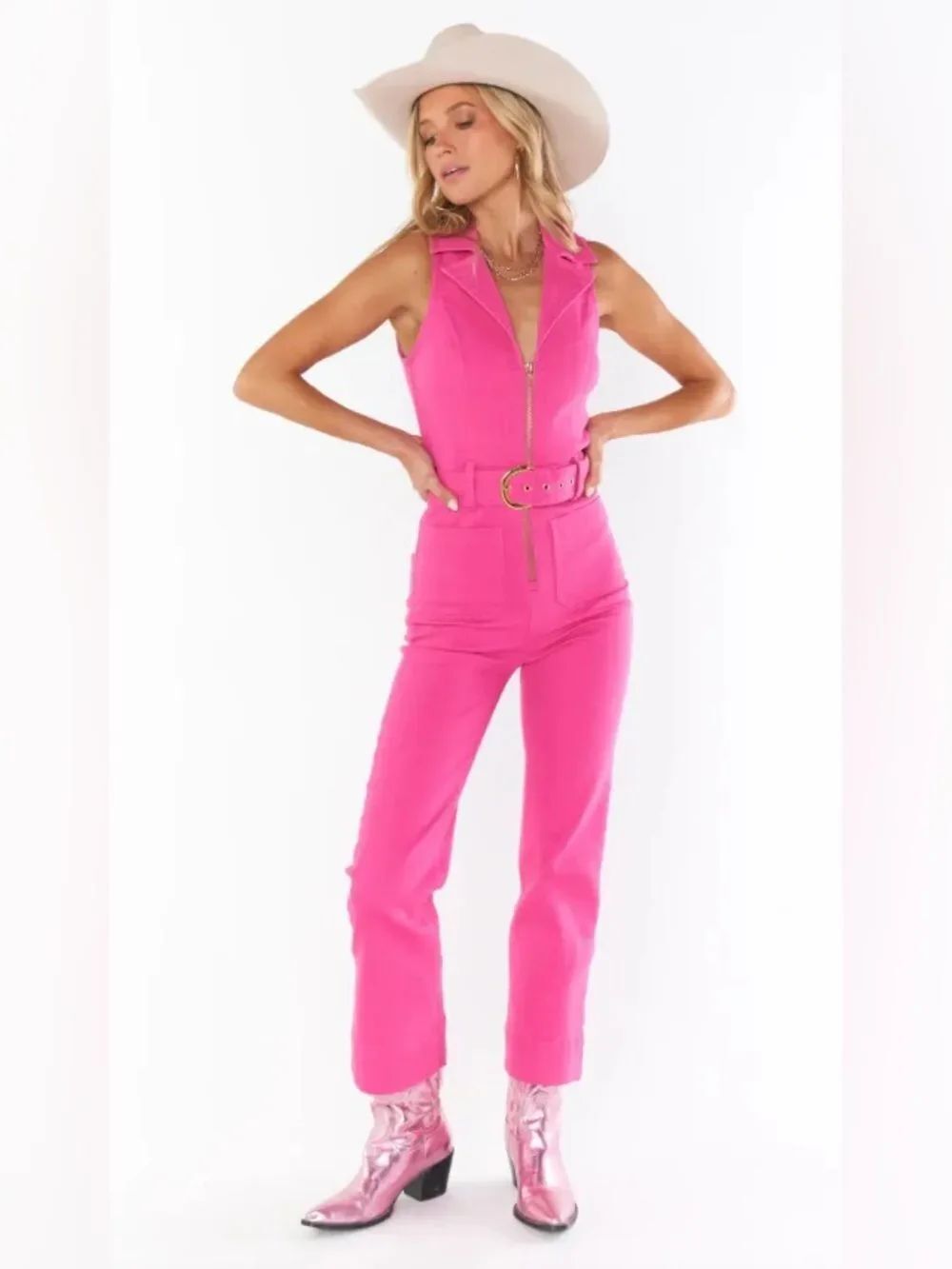 Show Me Your Mumu Jacksonville Cropped Jumpsuit in Hot Pink Size XS (No Belt)